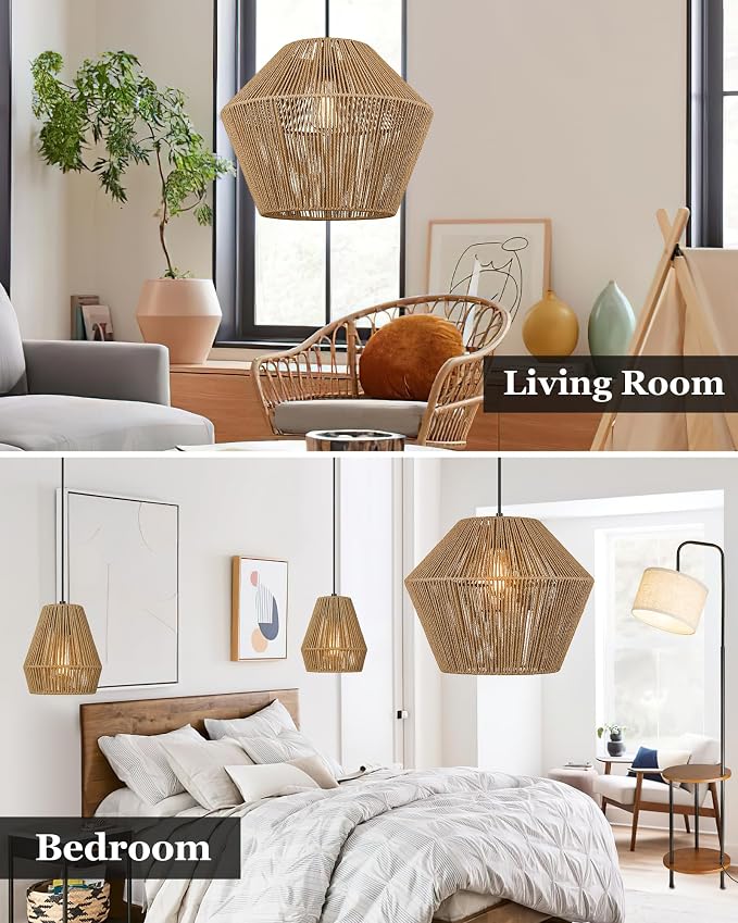 ELYONA 17” Woven Pendant Light, Modern Boho Chandelier Handwoven Rattan Basket Shade, Japandi Pendant Light Fixtures Farmhouse Ceiling Hanging Lamp for Dining Room, Kitchen Bedroom, Entryway, Foyer