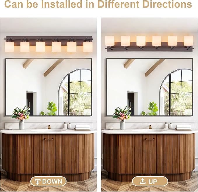 Modern Bathroom Light Fixtures Over Mirror, Vanity Lights for Bathroom Wall Sconces with Milky White Glass Shades, E26 Socket (Bulbs Not Included), 6 Light, Oil Rubbed Bronze