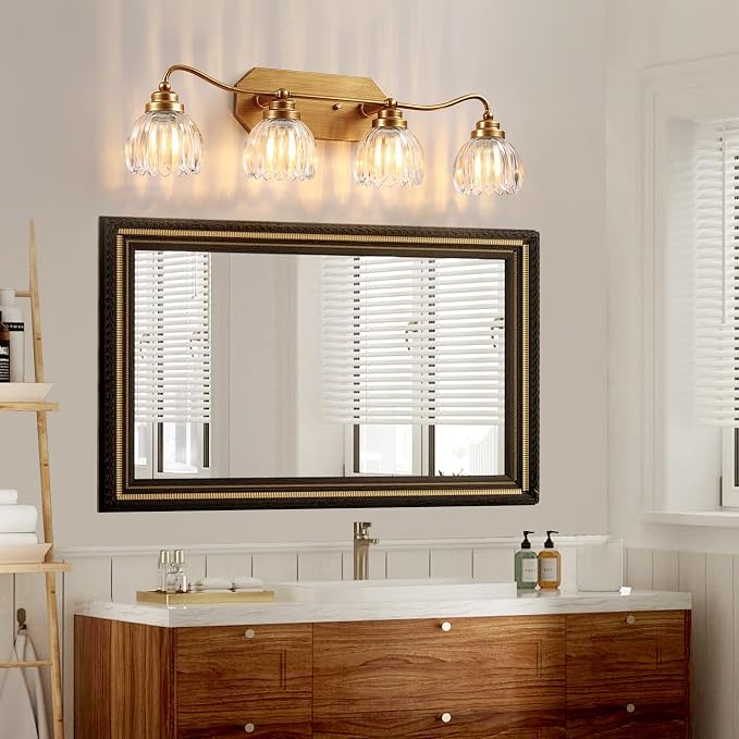 4 Light Gold Vintage Vanity Lights, Antique Brass Finish | Clear Tulip Crystal Shades,Brushed Gold Bathroom Light Fixtures, Wall Sconce Ideal for Bedroom, Hallway, Easy to Install