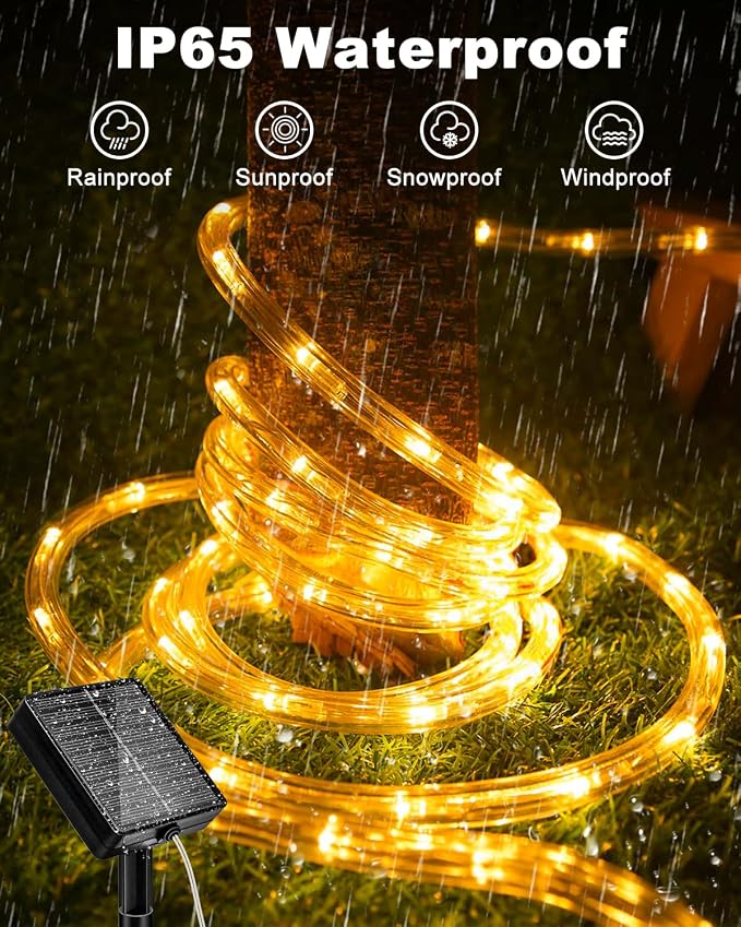 btfarm Solar Rope Lights, 120LED 46FT String Lights Outdoor Waterproof | 2 Pack 8 Modes, Timer Memory Function, Tube Trampoline lighting for Outside Garden Tree Christmas Yard Patio Decor,Warm White