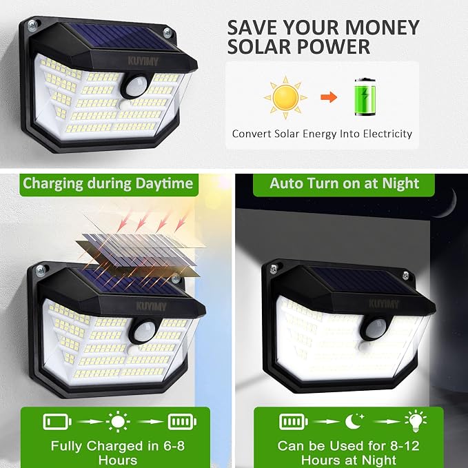 Solar Outdoor Lights, 230 LED with Motion Sensor and 3 Modes, IP65 Waterproof, 270° Wide Angle Light, Easy-to-Install Intelligent Security Wireless Wall Lights for Porch, Garage, Yard(4 Pack)