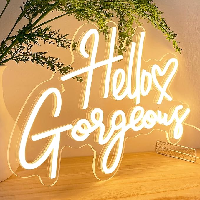 Hello Gorgeous Neon Signs for Wall Decor with Heart, Warm White Gorgeous LED Sign Lights for Bedroom Dorm Salon Wedding Party, 16"x12" Preppy Cute Room Decor Woman Cave - 100,000H Lifespan