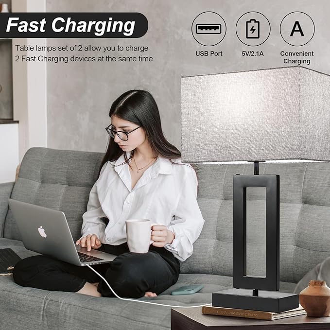 MoMyofdy 22’’ Tall Set of 2 Touch Control Table Lamp w. 2 USB Ports, 3-Way Dimmable Modern Bedroom Bedside Touch Lamps w. Fabric Gray Shade for Living Room End Table Nightstand Reading