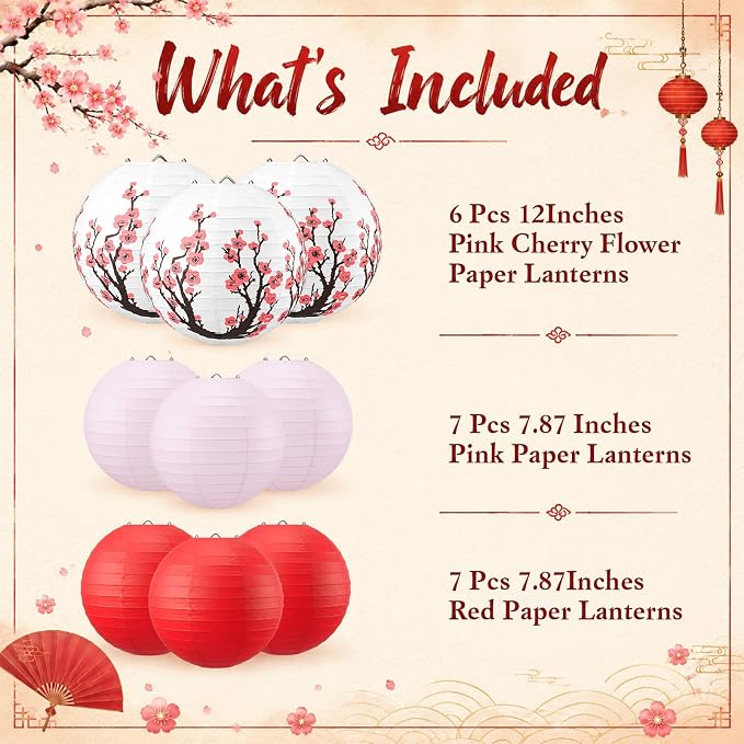 Mudder 20 Pack Cherry Blossom Party Decorations, Pink White Red Hanging Paper Lanterns, Japanese Sakura Theme Decor for Birthday Wedding Garden Party Home Decorations