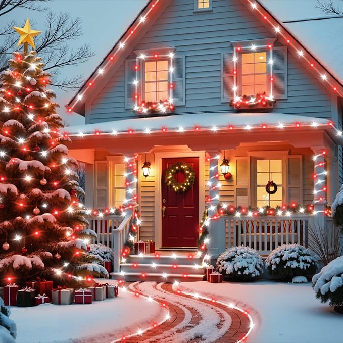 YEGUO Solar Christmas Lights Outdoor Waterproof, 2 Packs Each 33ft 100 LED Rope Lights, 8 Modes Fairy String Lights in Clear Thin Tube for Camping Fence Patio Garden Trampoline Deck(Red and White)
