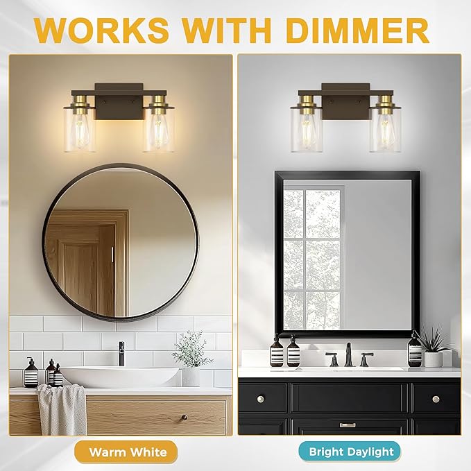 L LOHAS LED 2 Light Bathroom Vanity Light, Black and Gold Vanity Light with Clear Glass Shade, Black and Gold Light Fixtures, ETL Listed