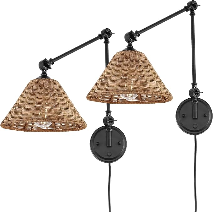 WINGBO Wall Sconce Rattan Wrapped Wall Lamp, Adjustable Swing Arm Wall Light Fixture Vintage Bedside Light Wicker Handmade Shade Reading Light Plug in or Hardwire (Black, 2 Pack)