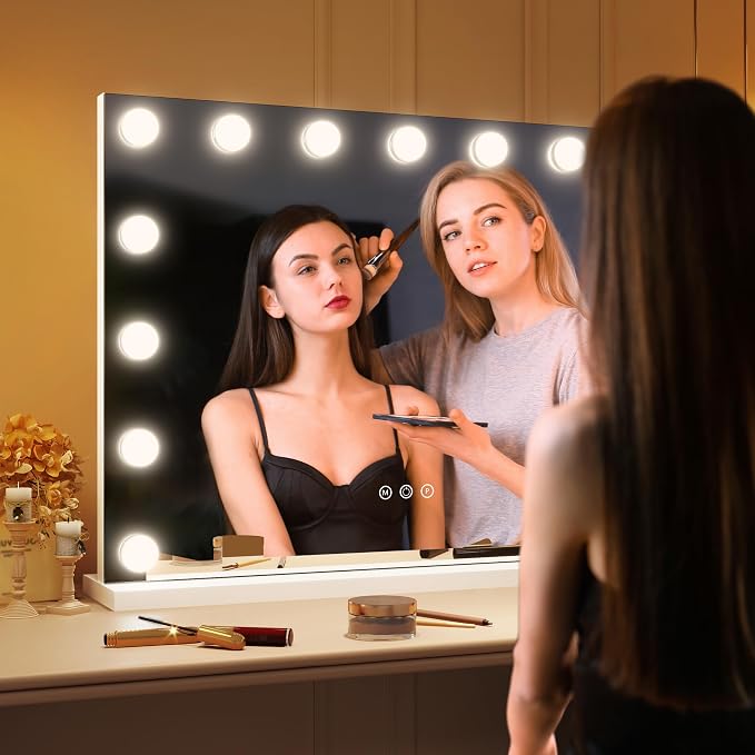 ROLOVE 23"x18" Hollywood Vanity Mirror with Lights, 15 Dimmable LED Bulbs, led Makeup Mirror with 3 Color Modes, Lighted Vanity Mirror for Tabletop or Wall-Mounted