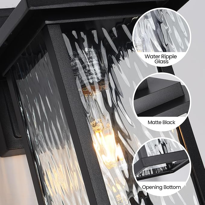 Black Outdoor Wall Light Fixtures with Water Ripple Glass, 2-Pack