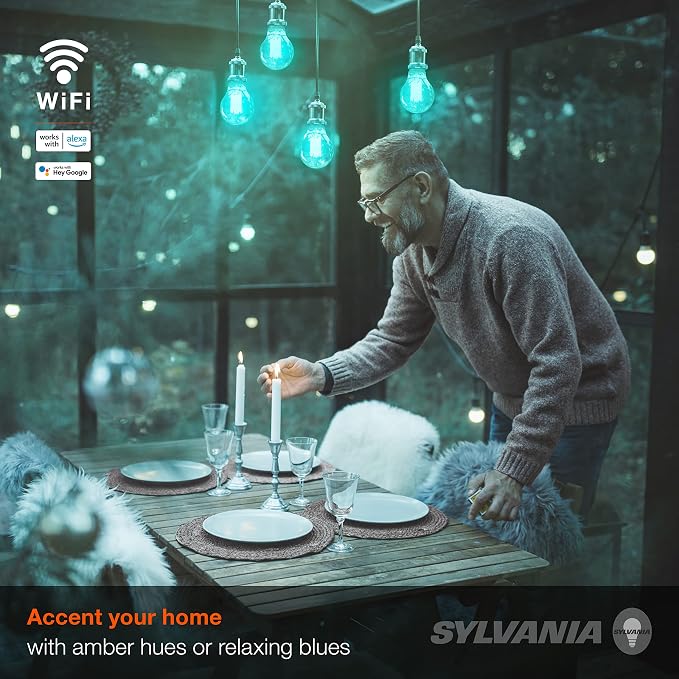 Sylvania WiFi LED Smart A19 RGBW Color and Amber Finish Filament Light Bulb, 7W Efficient, for Alexa/Google Assistant, 2000K, No Hub Required, Clear - 1 Pack (75807)