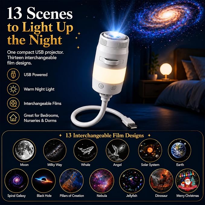 2-in-1 Galaxy Projector Night Light with 13 HD Projection Slides, USB Portable Starry Sky Night Light with 360° Rotation & Dual Auto-Off , Mini LED Ceiling Wall Lamp for Car Decor Bedroom Adults Gifts