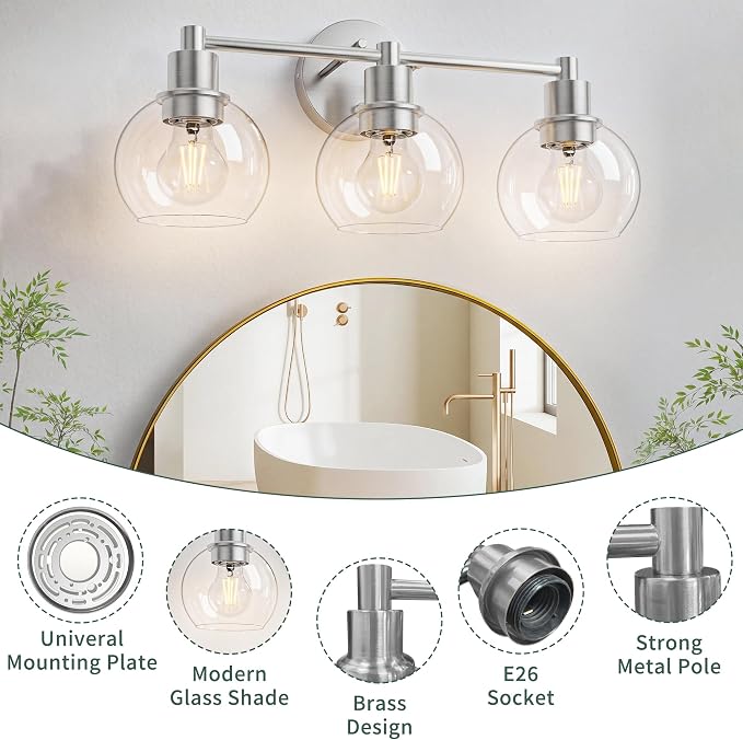 3 Light Bathroom Light Fixtures, Brushed Nickel Bathroom Vanity Lights, Modern Vanity Lights 3-Light Globe Bathroom Vanity Lighting Fixture Over Mirror