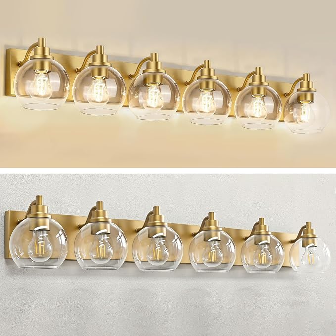 IZORRO Bathroom Light Fixtures, 6-Light Brushed Gold Vanity Light, Modern Wall Sconces with Globe Clear Glass Shade, Vanity Lighting Fixtures Over Mirror,E26 Bulb Socket