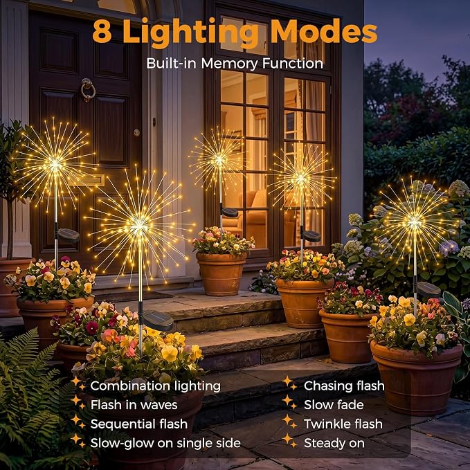 btfarm 8 Pack Solar Garden Lights Outdoor, 8 Modes Firework Lights Outside | 120LED, Waterproof Fairy Twinkle Light Solar Powered for Yard Christmas Pathway Lawn Pool Patio Decorative, Warm White