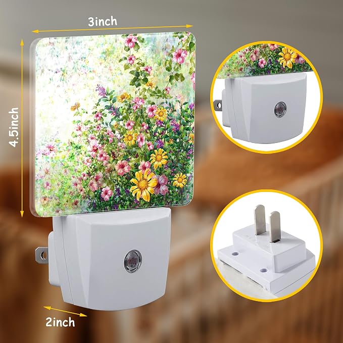 Spring Flowers Night Light Plug into Wall with Dusk to Dawn Sensor Abstract Garden Floral Energy Efficient LED Nightlight for Women Girls Boys Room Decor,Hallway,Kitchen,Bathroom,Nursery,Stairs