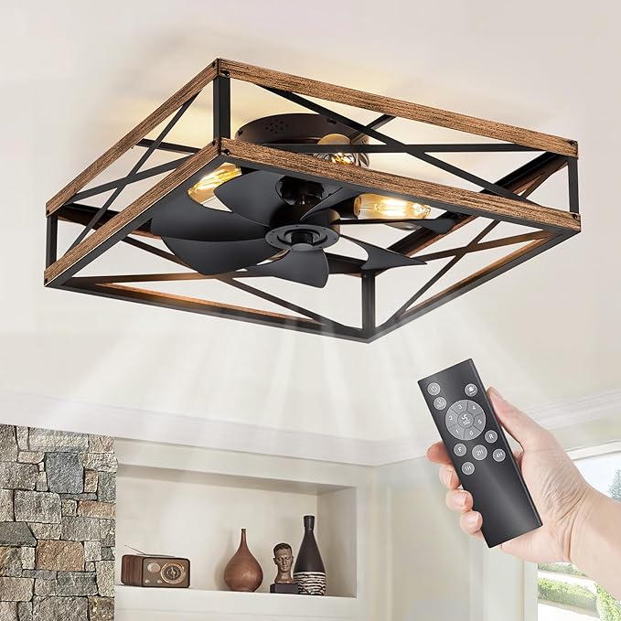 LEDIARY 23” Caged Low Profile Ceiling Fans with Lights and Remote, Rustic Square Flush Mount Ceiling Fan, 6 Speed and Reversible, Small Farmhouse Bladeless Ceiling Fan for Bedroom, Kitchen,Dining Room