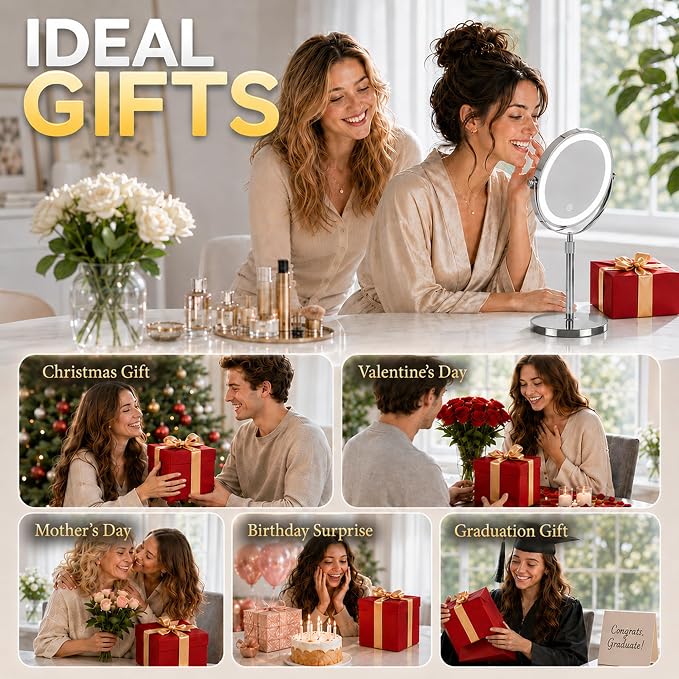 Dienmern Lighted Makeup Mirror, 1X/20X Magnifying Vanity Mirror with Lights | Double-Sided, 5000mAh Rechargeable, Adjustable Brightness, 3 Colors, 360° Rotation, for Dorm, Room, Women Gift