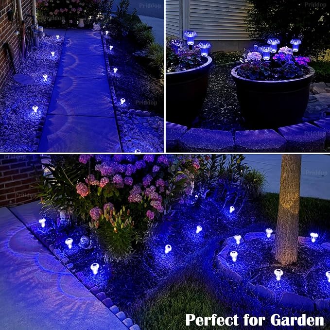 Priddop Solar Garden Lights Outdoor Waterproof 8 Pack Blue LED Mushroom | Yard Pathway Walkway Patio Landscape Path Lights, Acrylic ABS, Ground Patterns Replaceable Battery, Outside Christmas Decor