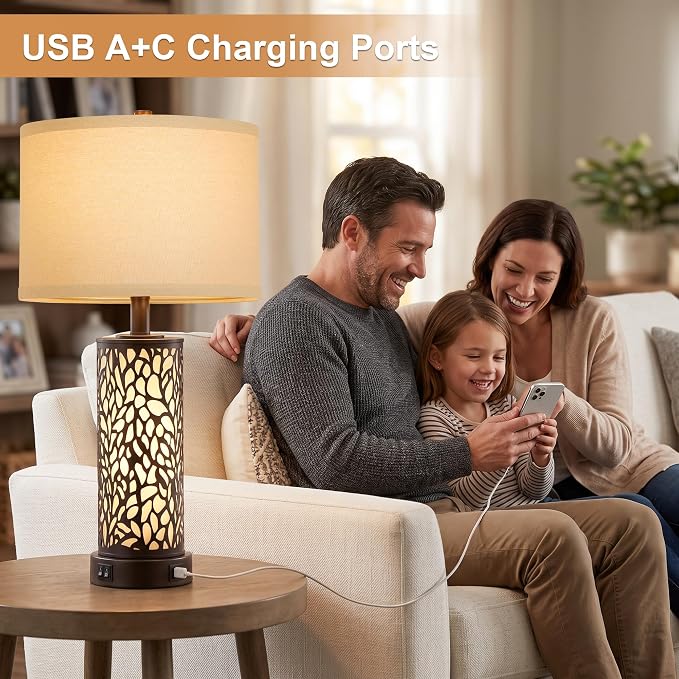 ROTTOGOON 25" Farmhouse Table Lamps for Living Room Set of 2, Rustic Metal Bedroom Lamps with USB A+C Ports Vintage Nightstand Lamp with Night Light, Bulbs Included