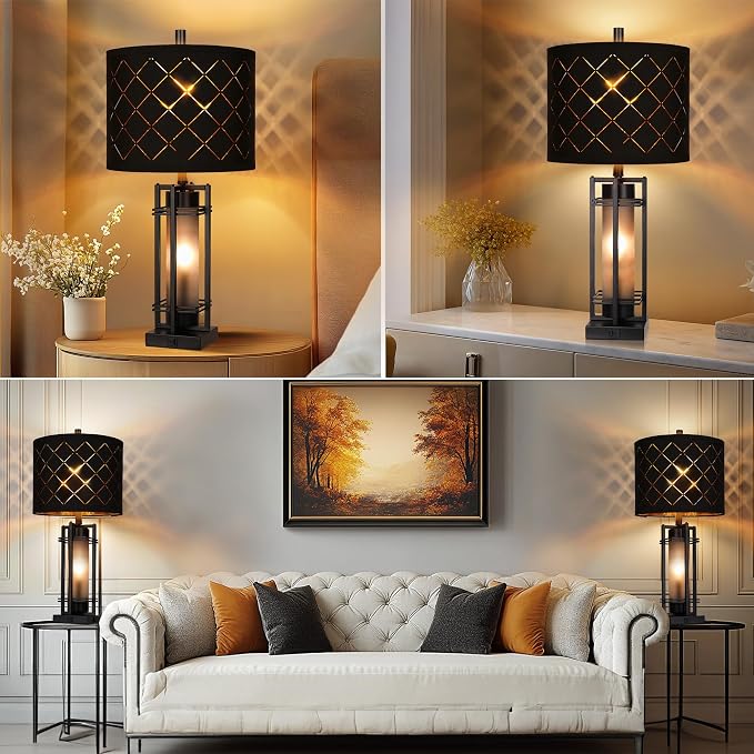 WIHTU 27'' Modern Table Lamp Set of 2 with Nightlight, Metal Bedside Lamps | Black Grid Shade, Square Base, 2 LED Bulbs Included, E26 Base, with USB Port, Rocker Switch, Nightstand Lamps for Bedroom
