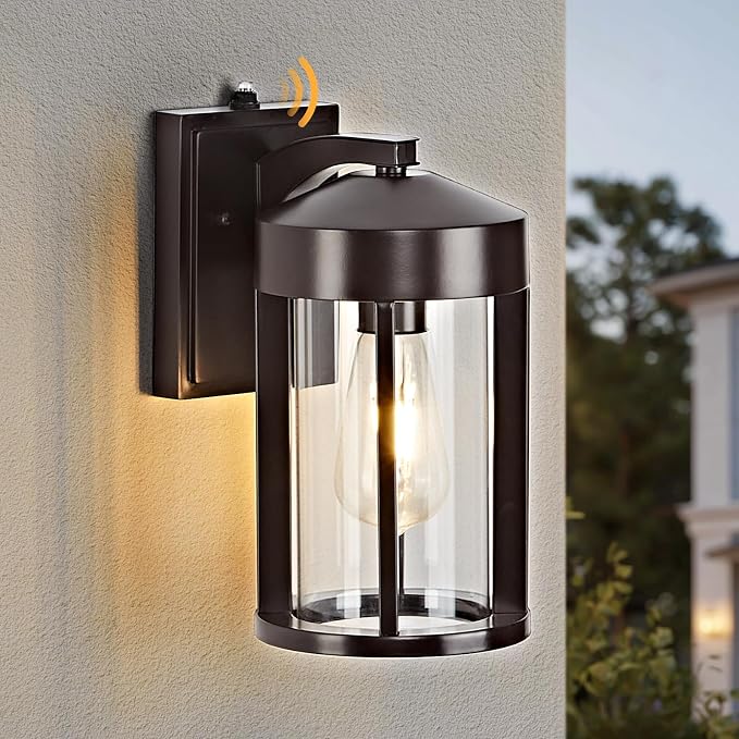 Dusk to Dawn Outdoor Lights Fixture Wall Mount–Geometric Industrial Coffee-Bronze Exterior Wall Sconce, Waterproof Anti-Rust with Photocell Sensor Outside Porch Light for House Patio Entryway Garage