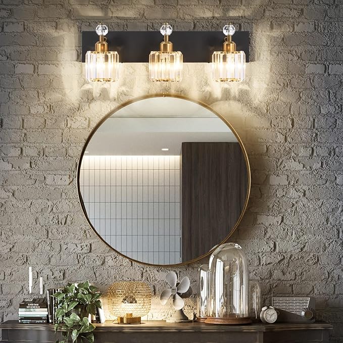 PRESDE Crystal 3 Light Bathroom Vanity Lights Black and Gold Bathroom Lights Fixtures Over Mirror Modern Bath Wall Lighting
