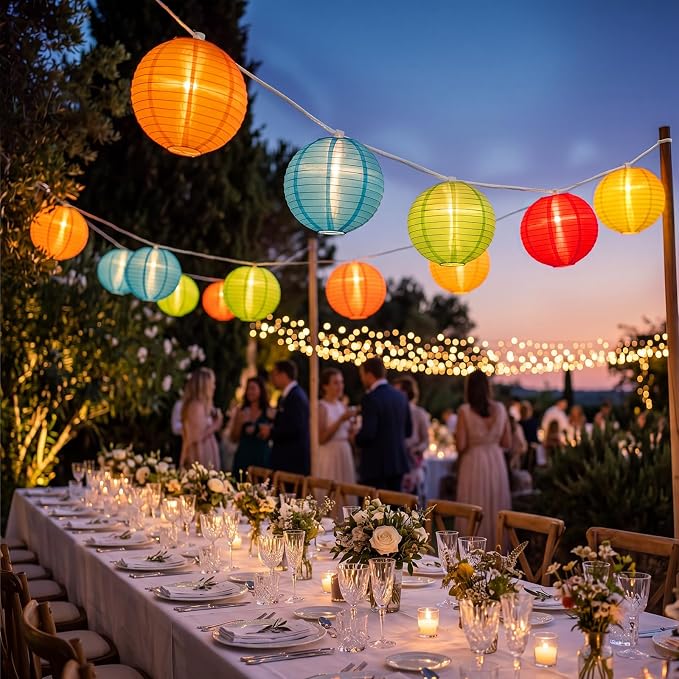 25FT Colorful Lantern String Lights Outdoor Waterproof, 10 Nylon 8-Inch Hanging Lanterns with 11 G40 LED Bulbs, End-to-End Connectable Decorative Patio Lights for Party, Garden, Backyard