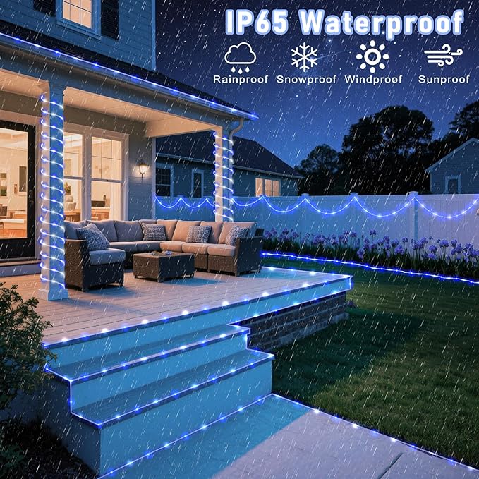 100FT 300 LED Rope Lights for Outside, Connectable Rope Lights Outdoor Waterproof with 8 Modes, Plug in Christmas String Lights for Patio, Deck, Pool, Stair, Camping - Blue White