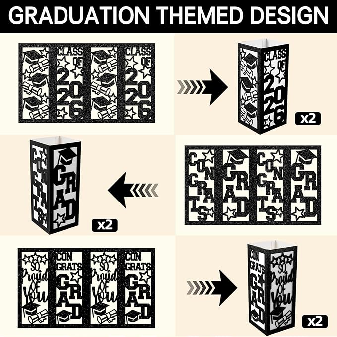 6 Pcs Graduation Table Centerpieces Boxes Class of 2026, Black Graduation Paper Lanterns Boxes with String Lights Hollow Out for Congrats Grad School College Table Decorations Grad Party Photo Props