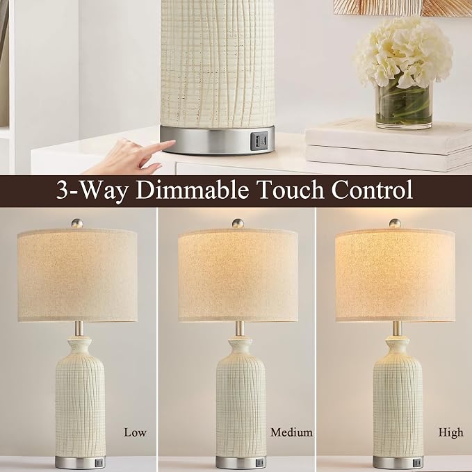 Living Room Lamps Set of 2, 27" Touch Lamps for Nightstand with USB A+C Ports, Modern Farmhouse Table Lamps for Bedroom, Beige