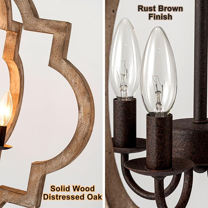 22" Farmhouse Chandelier Orb Distressed Wood Oak Dining Room Light Fixture | Rustic Country Style,Large Lantern, 4-Light Hanging Pendant Light For Foyer Entryway Kitchen Island Bedroom Over Table
