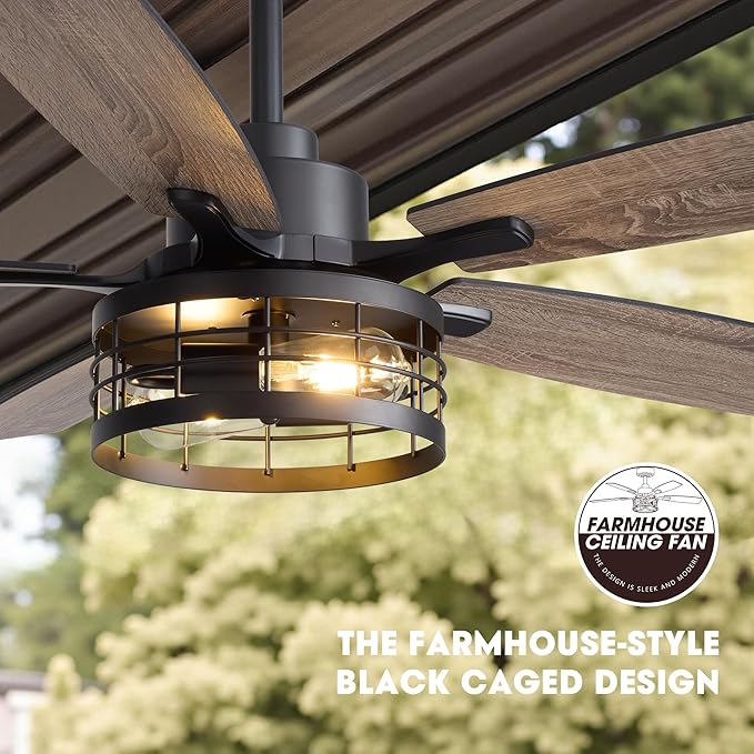52 Inch Ceiling Fans with Lights and Remote & APP Control, Farmhouse Ceiling Fan Lights for Bedroom Living Room and Patio, Black Caged Ceiling Fan for Indoor and Outdoor (No Bulbs)