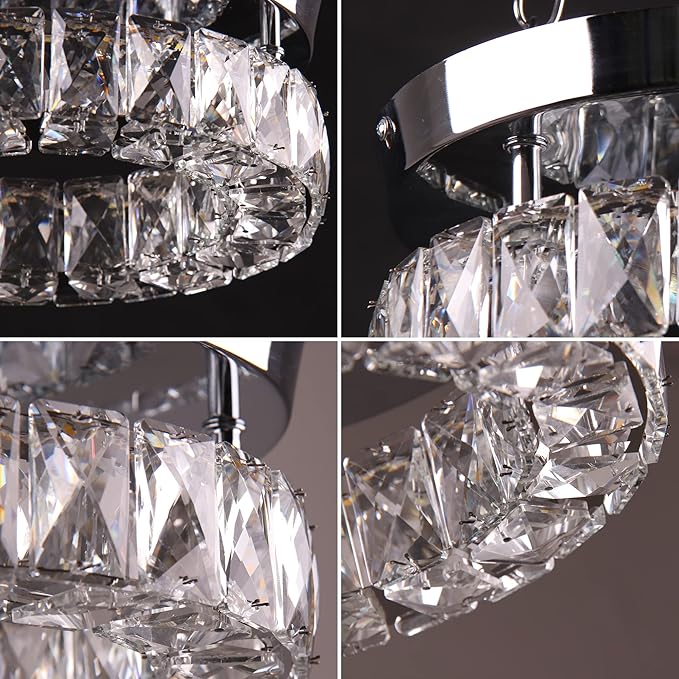 Dimmable Modern Crystal Chandeliers LED Ceiling Light with Remote Flush Mount Small Chandelier for Hallway Foyer Kitchen,Stair,Closet,3 Colors Adjustable,Memory Function