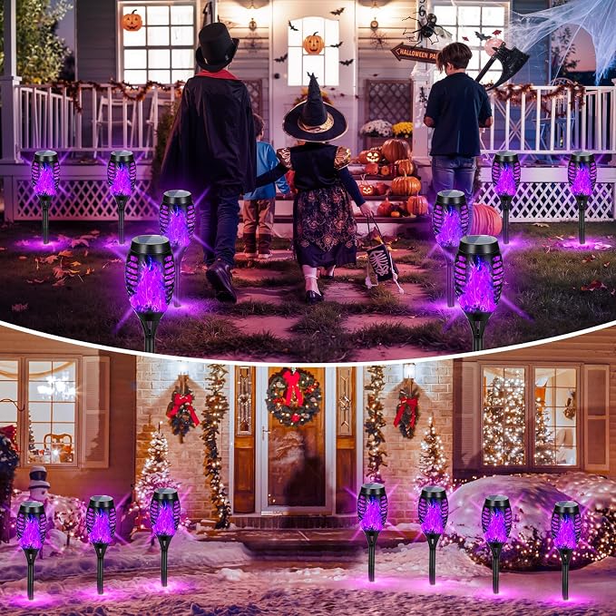 Purple Halloween Solar Lights Outdoor with Flickering Flame, 10 Pack | Halloween Decorations Solar Torch Lights, Waterproof Solar Halloween Lights Tiki Torches for Outside Patio Pathway Yard Decor