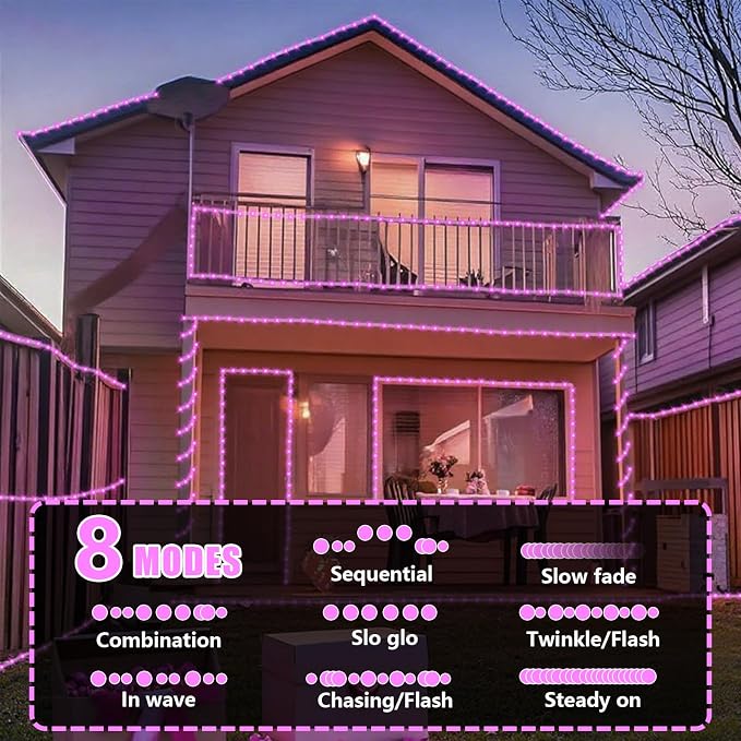 YEGUO Solar Rope Lights Outdoor Waterproof, 2 Packs Each 33ft 100 LED Solar String Lights, 8 Modes Fairy Lights in Clear Thin Tube for Camping Fence Patio Garden Trampoline Deck(Pink)