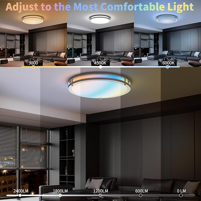 Ceiling Lights Flush Mount with Remote: LED Silver Ceiling Lighting 8 Modes Dimmable Color, Adjustable Temperature for Bedroom, Living Room, Kitchen (16 Inch)