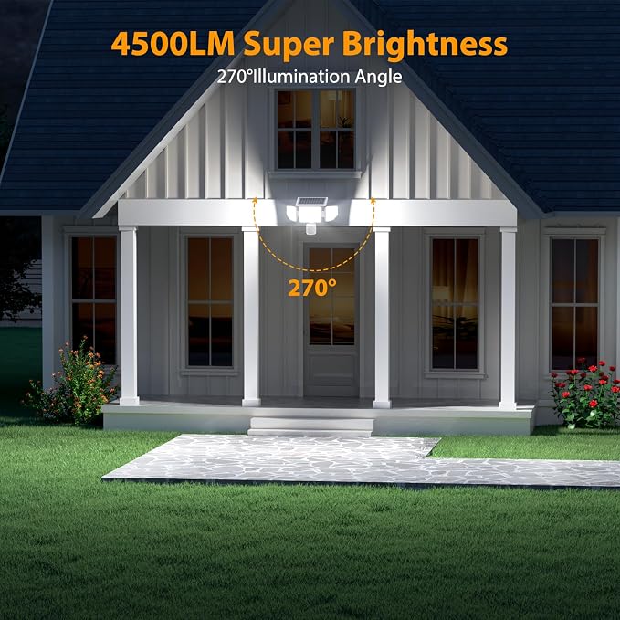 Onforu 4500LM Solar Lights Outdoor, 3 Heads Security Lights with Remote Control, IP65 Waterproof Motion Sensor Lights, 3 Modes Flood Lights for Wall, Porch, Yard, Outside, 2 Pack, White