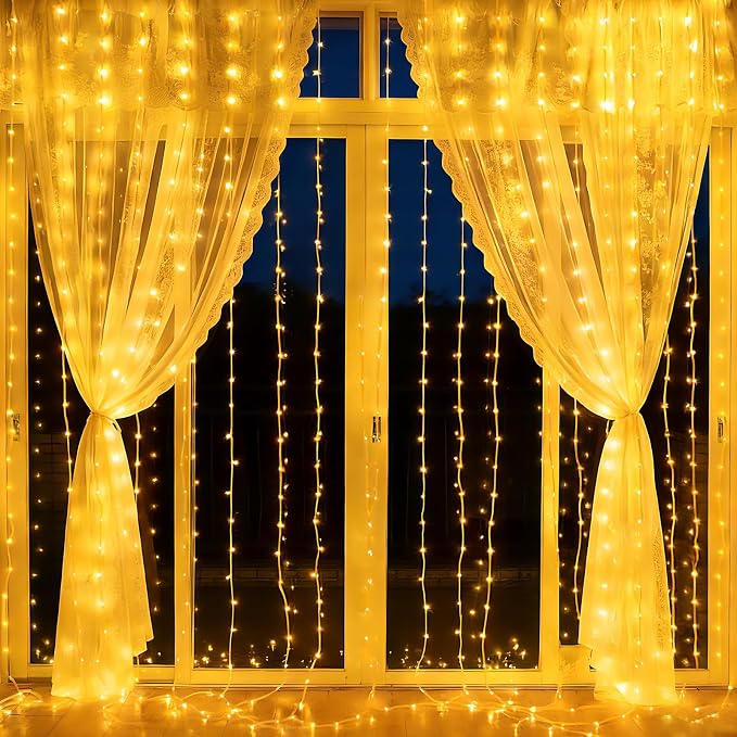300LED Fairy Curtain Lights 9.8ft x 9.8ft LED Dimmable Twinkle Lights | with Remote and Timer USB Plug in 8 Modes String Lights for Bedroom Indoor Outdoor Party Christmas Decor, Warm White