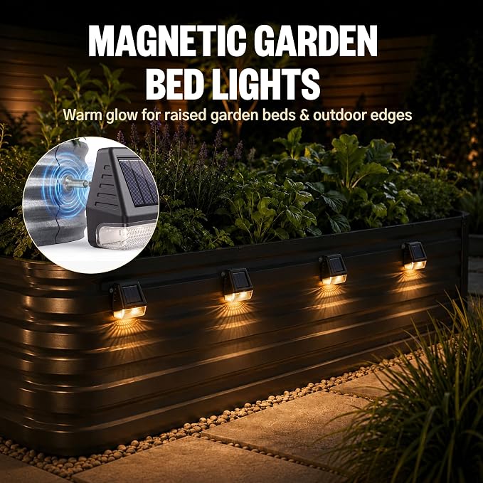 6 Pack Magnetic Solar Lights for Raised Garden Beds | Solar Powered Flower Beds Light Outdoor, Waterproof Fence RV Lamp for Planter Boxes, Patio, Balcony, Yard
