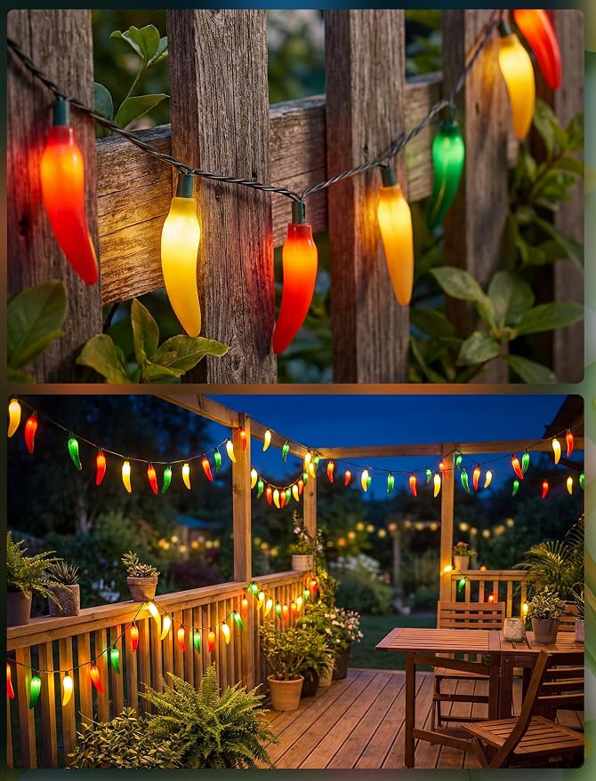 35 LED Chili Pepper Christmas Lights, 13.6Ft Camping String Lights | Multicolor, Plug in, Shatterproof, Connectable, Indoor Fairy Lights for Cook Off, Outdoor Patio Summer Decor, Green Wire