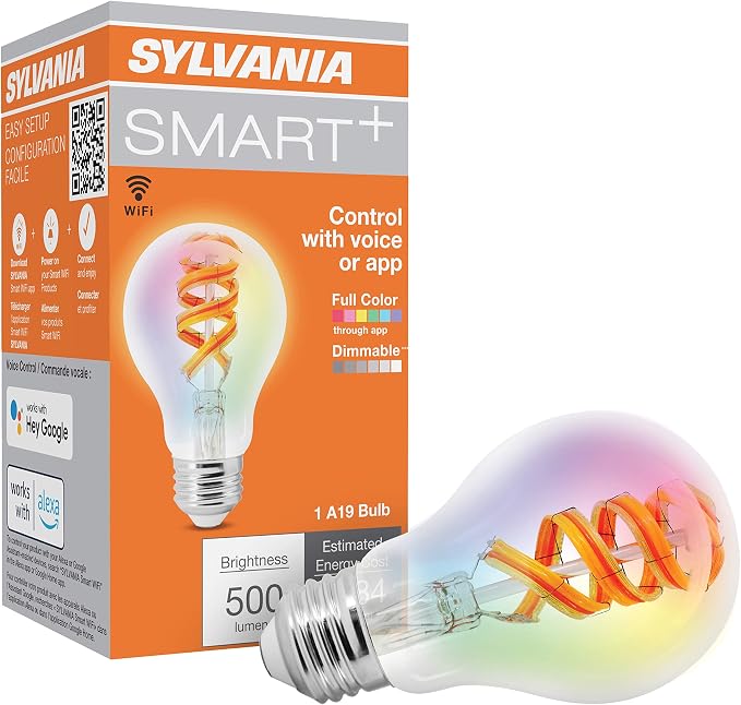 Sylvania WiFi LED Smart A19 RGBW Color and Amber Finish Filament Light Bulb, 7W Efficient, for Alexa/Google Assistant, 2000K, No Hub Required, Clear - 1 Pack (75807)
