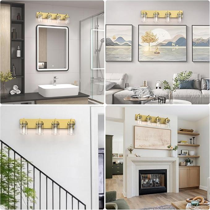 Bathroom Lighting Fixtures, 4-Light Bathroom Vanity Lights Over Mirror, Brass Vanity Light with Glass Shade, Modern Vanity Lighting Fixtures for Bedroom, Hallway