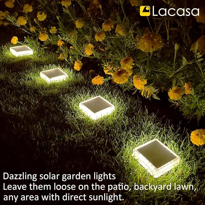 Lacasa Solar Deck Lights, 4 Pack 30LM LED Dock Lights Natural White 4000K, Outdoor Solar Powered Step Lights Light up All Night IP68 Waterproof Auto ON/Off for Garden Stairs Driveway Pathway Lighting