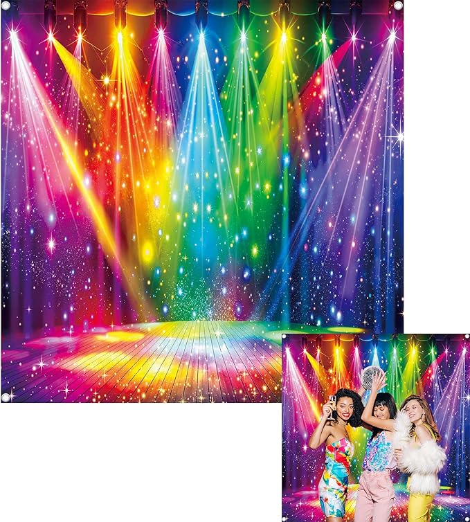 Disco Rainbow Stage Backdrop 70s 80s 90s Hippie Music Vintage Lights Photography Background Rock Music Colorful Neon Glow Party Decorations Photo Banner (6x6FT(72 x 72 inch))