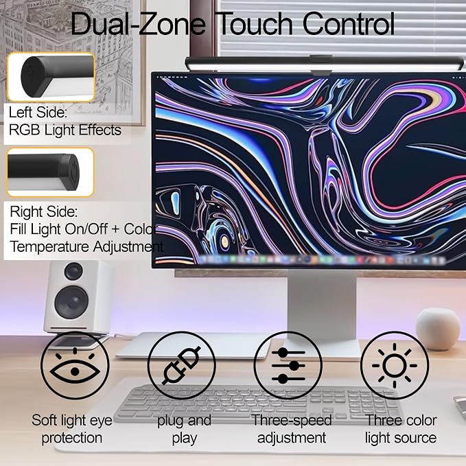 Dual-Sided Screen Light Bar, RGB Atmosphere Backlight & 3 Color Temperatures, Touch Control Non-Magnetic Lamp for Low-Light Eye Care