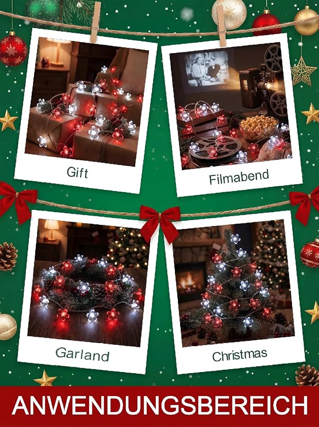 Flower Battery Operated Indoor String Lights 30L Cherry Blossom Fairy Light | Waterproof Outdoor Party Birthday Wedding Christmas Home Red White