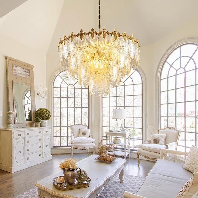 Modern Large Crystal Chandelier, 4-Layer Gold Glass Chandelier, 12 Light Round Antique Ceiling Pendant Light, 31.5 Inchs Adjustable Height for Foyer, Living Room, Bedroom, Dining Room