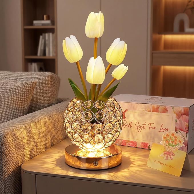 Birthday Gifts for Women Mothers Day Gifts/for Mom Tulip Table Lamp | 3 Color Crystal Flower Bedside Lamps Infinitely Dimming with USB Charge Small Night Light,Night stand Touch Lamp(White-tulip)
