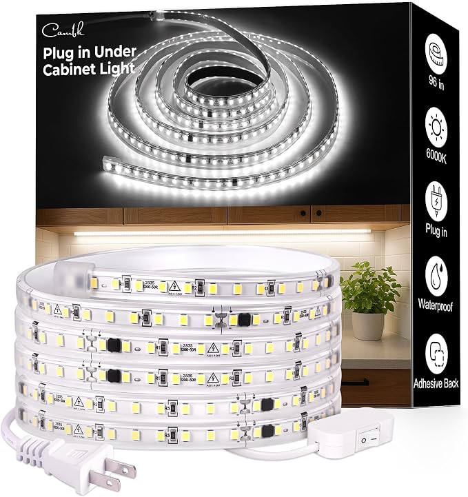 96inch Plug in Under Cabinet Lighting Strip for Kitchen, 120V Bright LED Under Counter Lights 6000k White Slim, Luces para Cocina Bajo Gabinete Under Shelf Wired Light for Sink/Workbench/Bookshelf