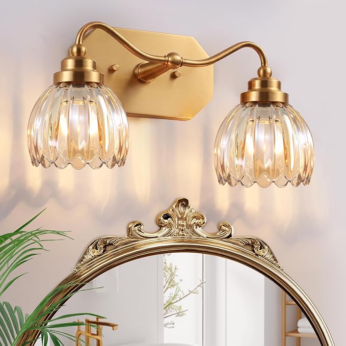 Vintage Gold 2-Light Vanity Lights, Tulip Crystal, Antique Brass Finish | Brushed Gold Bathroom Light Fixtures, Amber Wall Sconce Ideal for Bedroom, Living Room, E26 Compatible, Easy Install